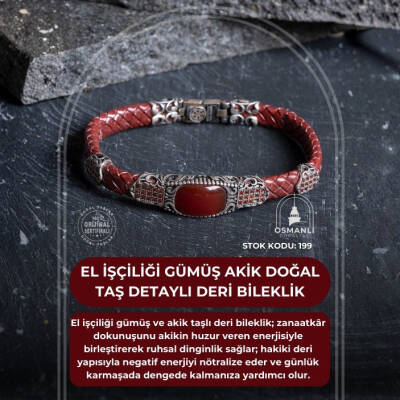 Sertifikalı El İşçiliği Gümüş Akik Doğal Taş Detaylı Deri Bileklik (SK:199) - 2