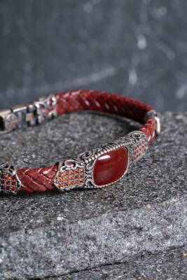 Sertifikalı El İşçiliği Gümüş Akik Doğal Taş Detaylı Deri Bileklik (SK:199) - 3