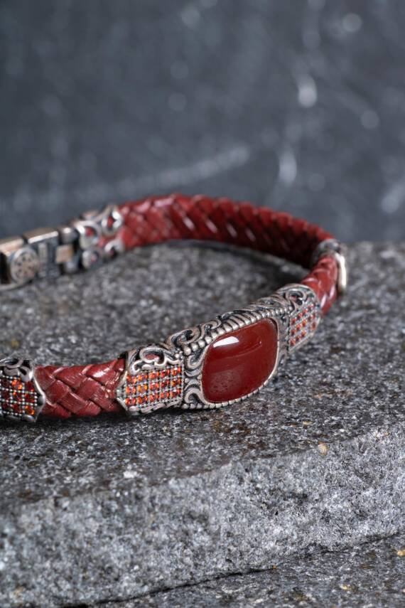 Sertifikalı El İşçiliği Gümüş Akik Doğal Taş Detaylı Deri Bileklik (SK:199) - 3