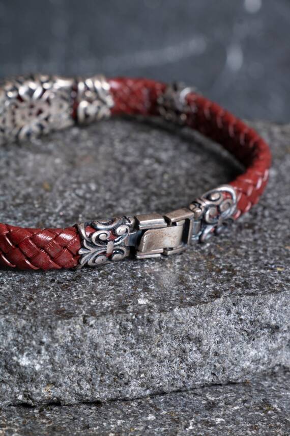 Sertifikalı El İşçiliği Gümüş Akik Doğal Taş Detaylı Deri Bileklik (SK:199) - 4