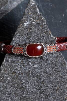 Sertifikalı El İşçiliği Gümüş Akik Doğal Taş Detaylı Deri Bileklik (SK:199) - 5