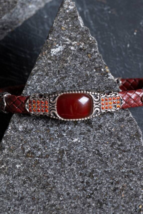 Sertifikalı El İşçiliği Gümüş Akik Doğal Taş Detaylı Deri Bileklik (SK:199) - 5