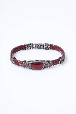 Sertifikalı El İşçiliği Gümüş Akik Doğal Taş Detaylı Deri Bileklik (SK:199) - 6