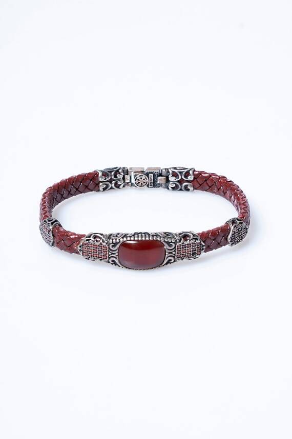 Sertifikalı El İşçiliği Gümüş Akik Doğal Taş Detaylı Deri Bileklik (SK:199) - 6