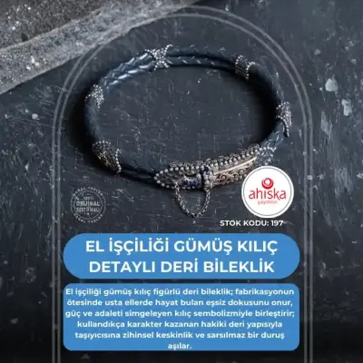Sertifikalı El İşçiliği Gümüş Kılıç Detaylı Deri Bileklik (SK197) - Doğal Taş (1)