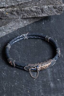 Sertifikalı El İşçiliği Gümüş Kılıç Detaylı Deri Bileklik (SK:197) - Osmanlı Doğal Taş