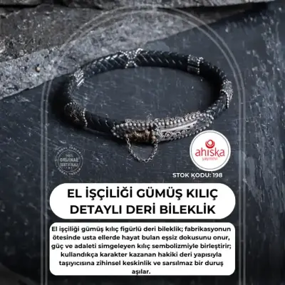 Sertifikalı El İşçiliği Gümüş Kılıç Detaylı Deri Bileklik (SK198) - Doğal Taş (1)