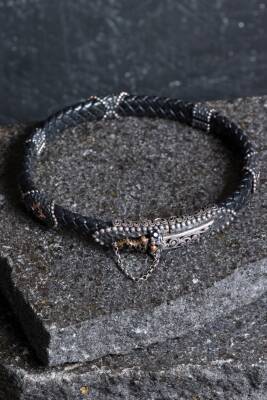 Sertifikalı El İşçiliği Gümüş Kılıç Detaylı Deri Bileklik (SK:198) - Osmanlı Doğal Taş