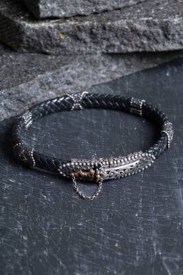 Sertifikalı El İşçiliği Gümüş Kılıç Detaylı Deri Bileklik (SK:198) - 4