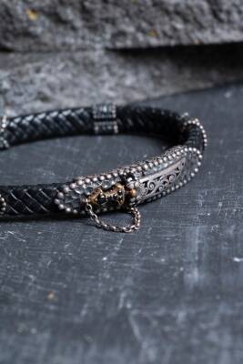 Sertifikalı El İşçiliği Gümüş Kılıç Detaylı Deri Bileklik (SK:198) - 5