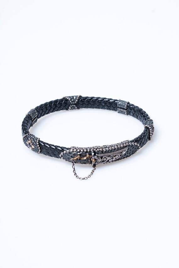 Sertifikalı El İşçiliği Gümüş Kılıç Detaylı Deri Bileklik (SK:198) - 6