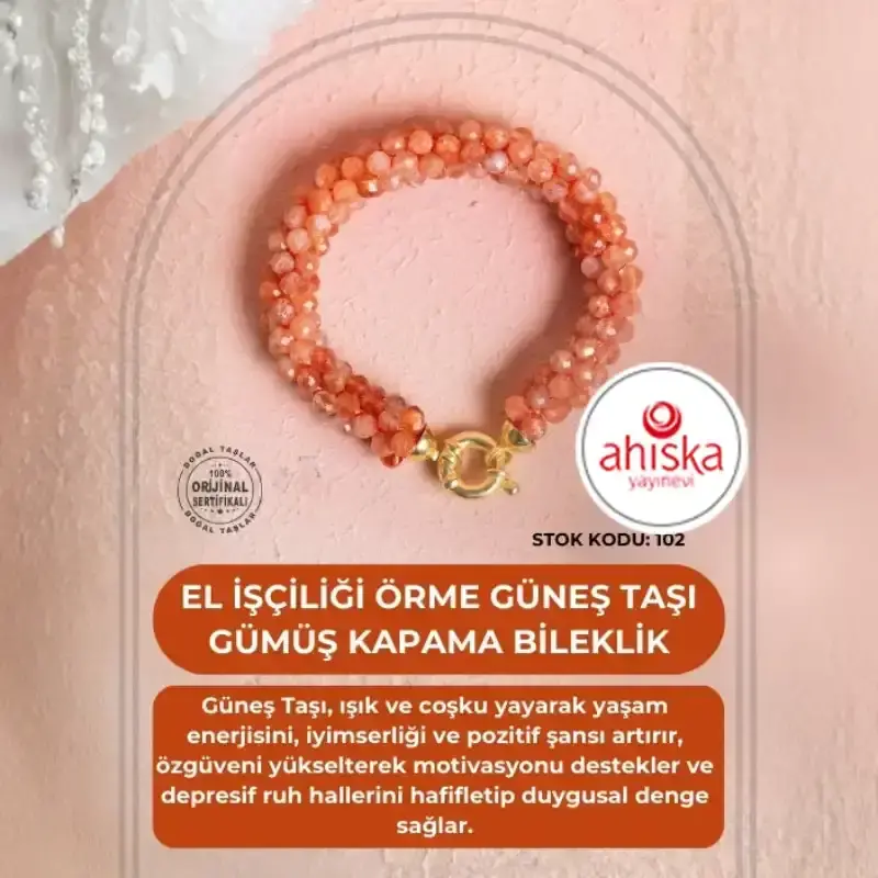 Sertifikalı El İşçiliği Örme Güneş Taşı Gümüş Kapama Bileklik (SK102) - 2