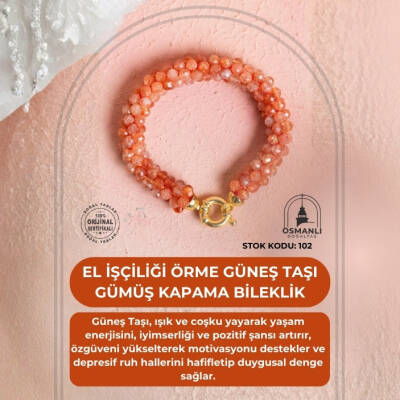 Sertifikalı El İşçiliği Örme Güneş Taşı Gümüş Kapama Bileklik (SK:102) - 2