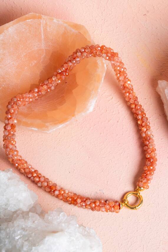 Sertifikalı El İşçiliği Örme Güneş Taşı Gümüş Kapama Kolye (SK:101) - 1