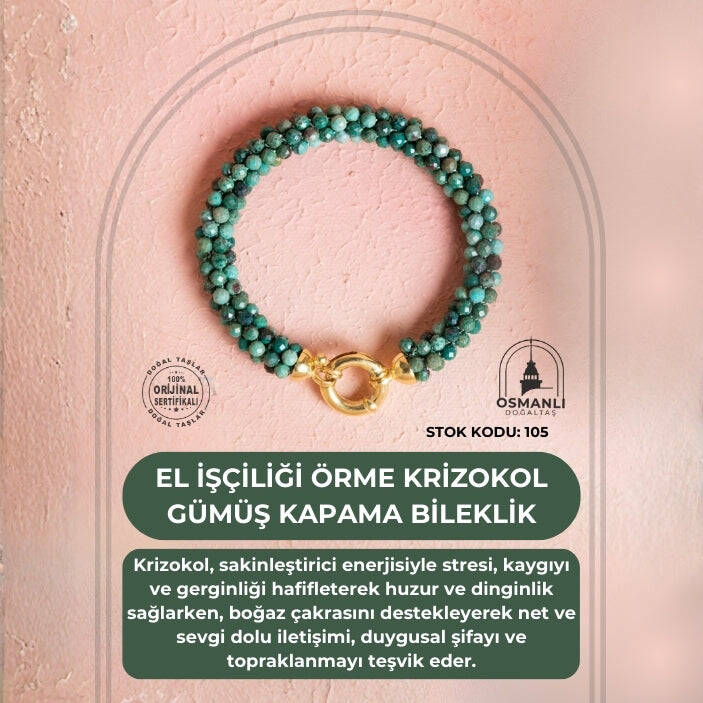 Sertifikalı El İşçiliği Örme Krizokol Gümüş Kapama Bileklik (SK:105) - 2
