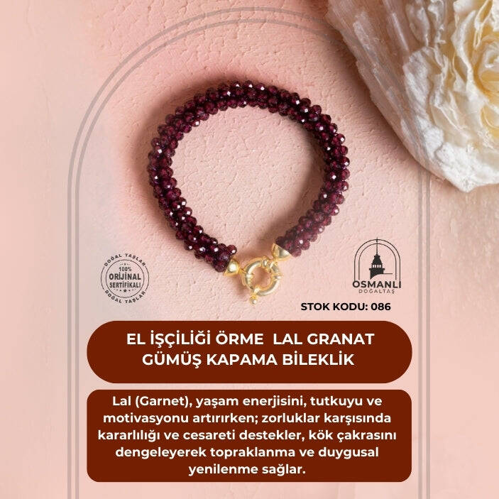 Sertifikalı El İşçiliği Örme Lal (Granat) Gümüş Kapama Bileklik (SK:086) - 2