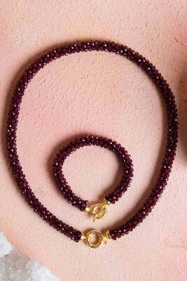 Sertifikalı El İşçiliği Örme Lal (Granat) Gümüş Kapama Kolye & Bileklik Seti (SK:084) - Osmanlı Doğal Taş