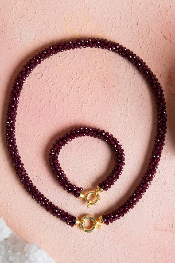 Sertifikalı El İşçiliği Örme Lal (Granat) Gümüş Kapama Kolye & Bileklik Seti (SK:084) - 1