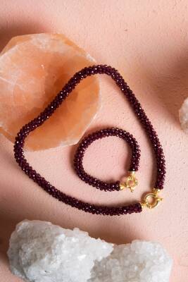 Sertifikalı El İşçiliği Örme Lal (Granat) Gümüş Kapama Kolye & Bileklik Seti (SK:084) - 3