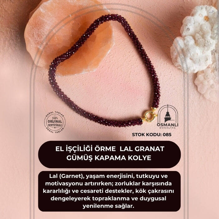 Sertifikalı El İşçiliği Örme Lal (Granat) Gümüş Kapama Kolye (SK:085) - 2
