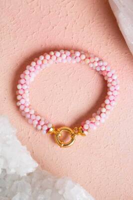 Sertifikalı El İşçiliği Örme Pembe Opal Gümüş Kapama Bileklik (SK108) - Doğal Taş