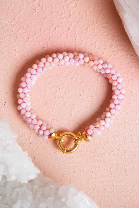 Sertifikalı El İşçiliği Örme Pembe Opal Gümüş Kapama Bileklik (SK108) - 1