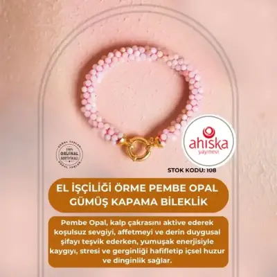 Sertifikalı El İşçiliği Örme Pembe Opal Gümüş Kapama Bileklik (SK108) - Doğal Taş (1)