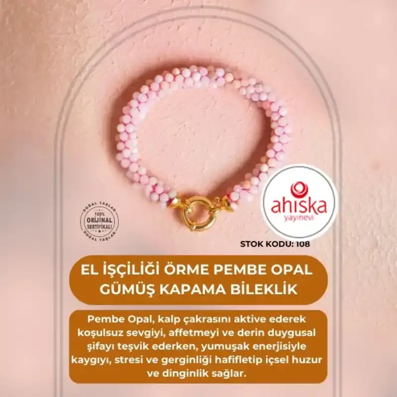 Sertifikalı El İşçiliği Örme Pembe Opal Gümüş Kapama Bileklik (SK108) - 2