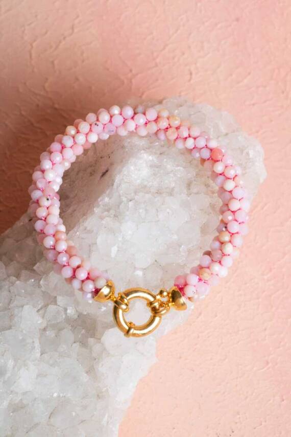 Sertifikalı El İşçiliği Örme Pembe Opal Gümüş Kapama Bileklik (SK108) - 4