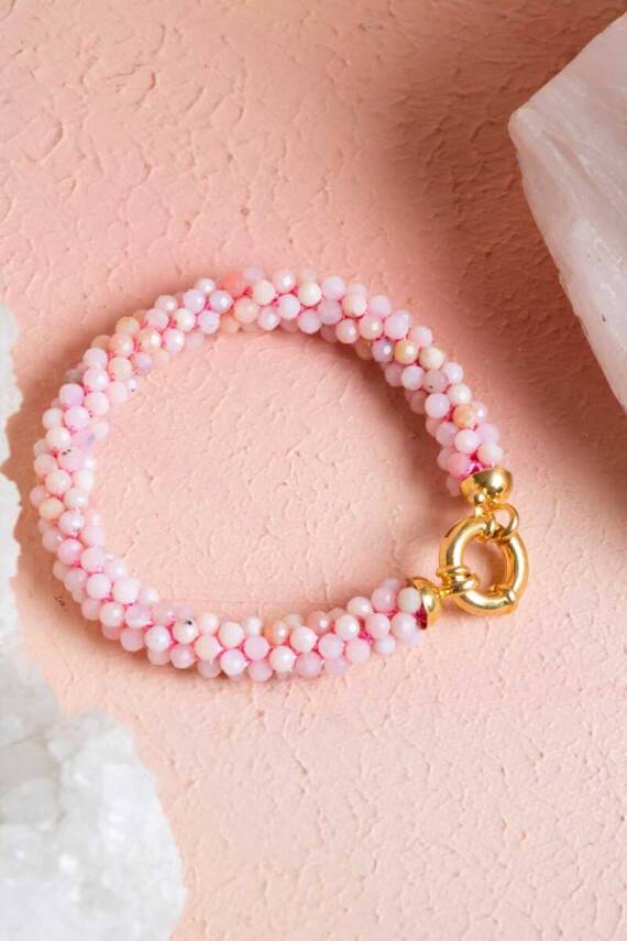 Sertifikalı El İşçiliği Örme Pembe Opal Gümüş Kapama Bileklik (SK108) - 5