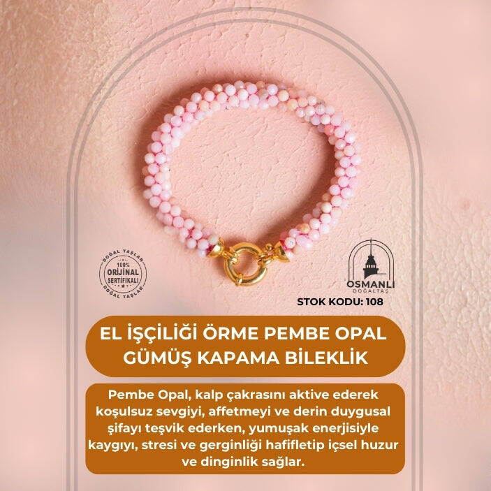 Sertifikalı El İşçiliği Örme Pembe Opal Gümüş Kapama Bileklik (SK:108) - 2