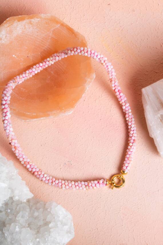 Sertifikalı El İşçiliği Örme Pembe Opal Gümüş Kapama Kolye (SK:107) - 1