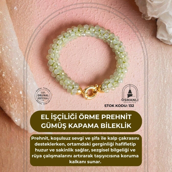 Sertifikalı El İşçiliği Örme Prehnit Gümüş Kapama Bileklik (SK:132) - 2