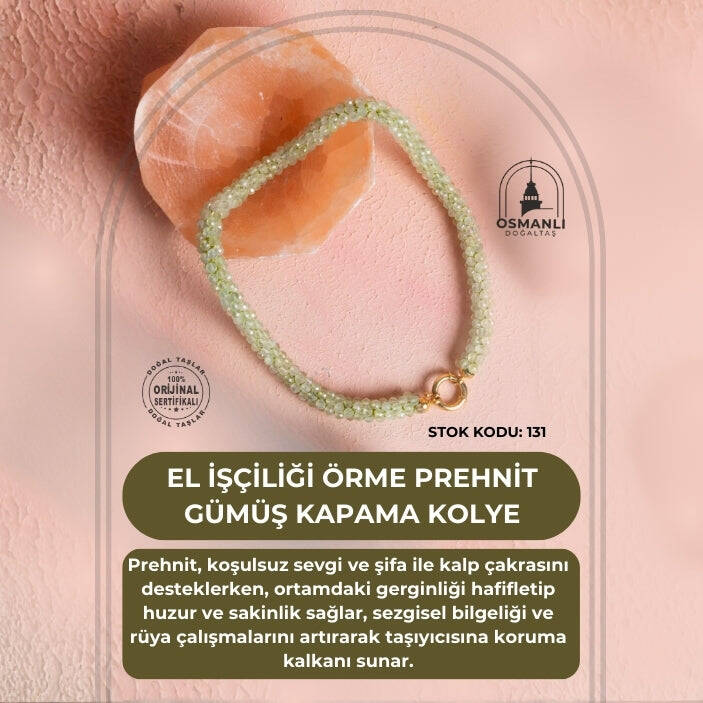 Sertifikalı El İşçiliği Örme Prehnit Gümüş Kapama Kolye (SK:131) - 2