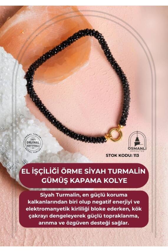 Sertifikalı El İşçiliği Örme Siyah Turmalin Kapama Kolye (SK:113) - 1