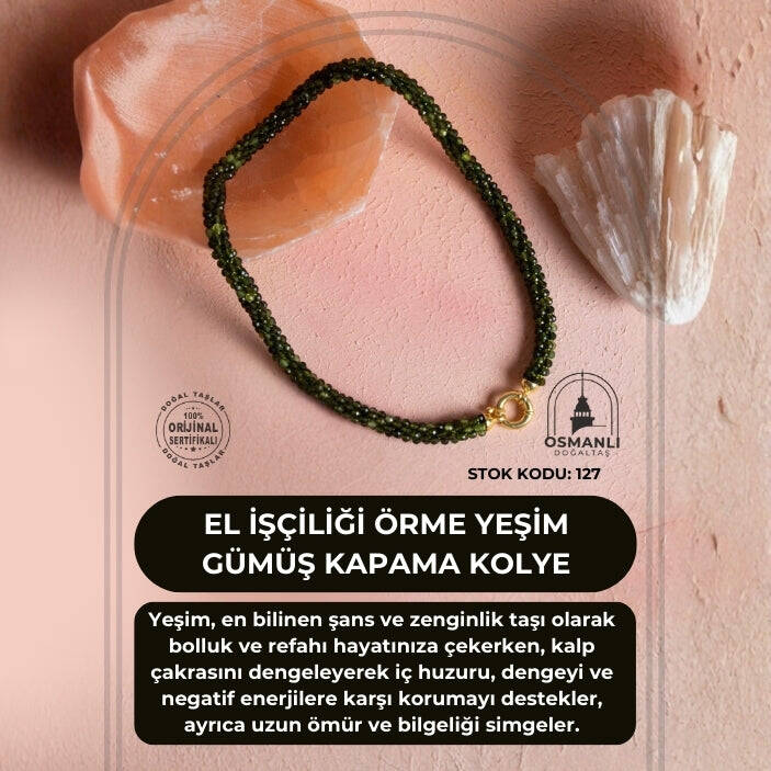 Sertifikalı El İşçiliği Örme Yeşim Gümüş Kapama Kolye (SK:127) - 2