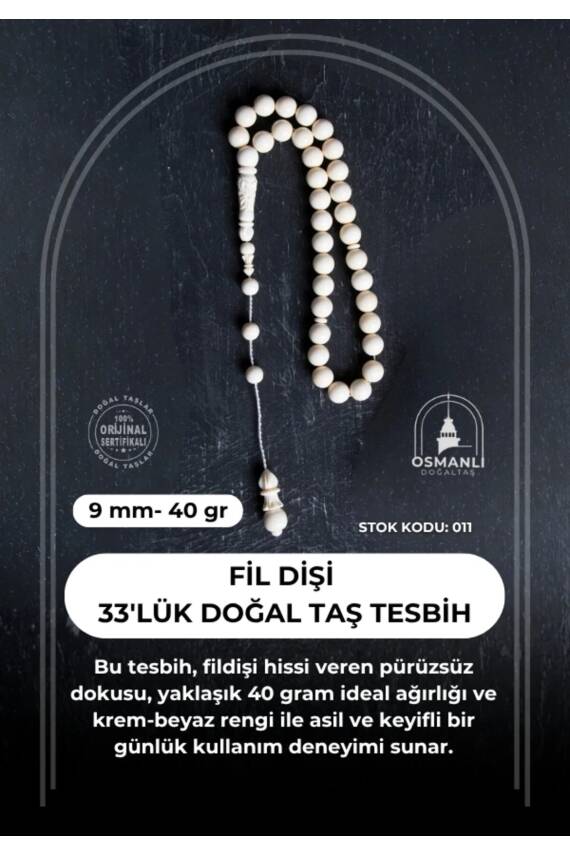 Sertifikalı Fil Dişi 33'lük 9 mm Doğal Taş Tesbih - 2