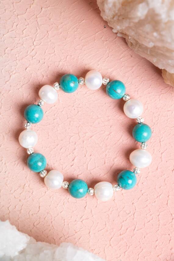 Sertifikalı Firuze (Turkuaz), Ay Taşı Gümüş Aparatlı Doğal Taş Bileklik(SK:038) - 1