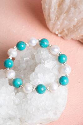 Sertifikalı Firuze (Turkuaz), Ay Taşı Gümüş Aparatlı Doğal Taş Bileklik(SK:038) - 3