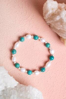 Sertifikalı Firuze (Turkuaz), İnci Gümüş Aparatlı Doğal Taş Bileklik(SK:046) - Osmanlı Doğal Taş