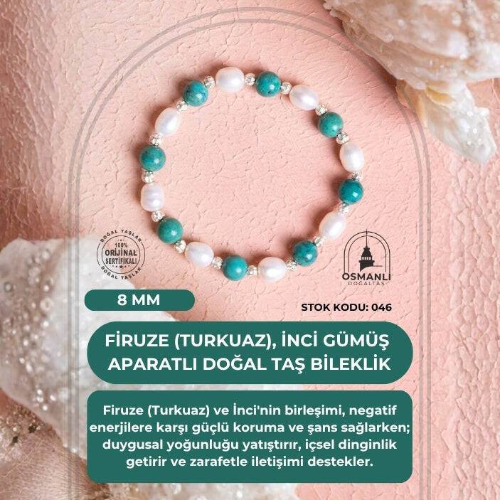 Sertifikalı Firuze (Turkuaz), İnci Gümüş Aparatlı Doğal Taş Bileklik(SK:046) - 2