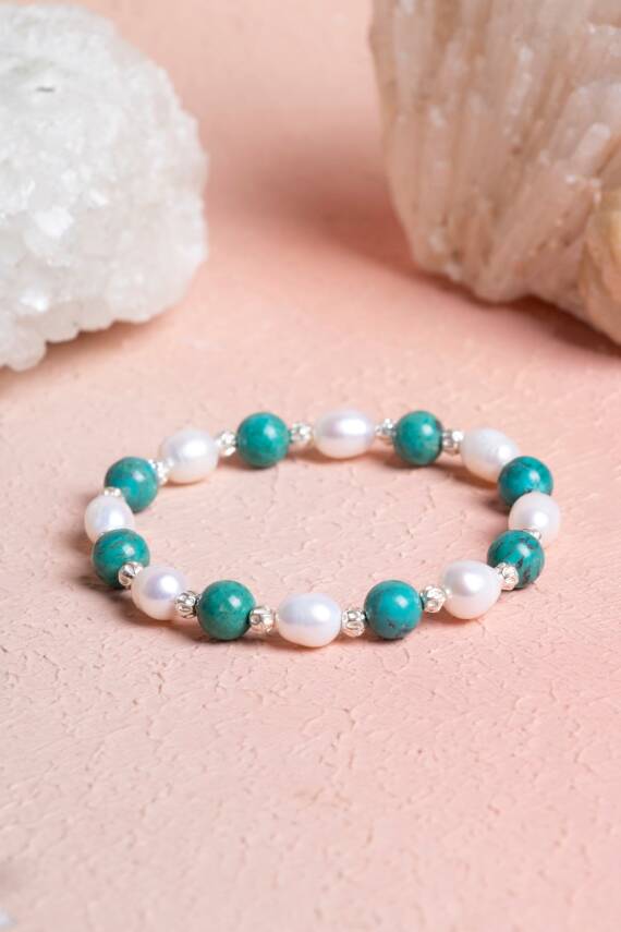 Sertifikalı Firuze (Turkuaz), İnci Gümüş Aparatlı Doğal Taş Bileklik(SK:046) - 3