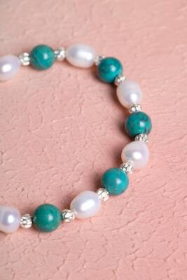 Sertifikalı Firuze (Turkuaz), İnci Gümüş Aparatlı Doğal Taş Bileklik(SK:046) - 4