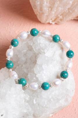 Sertifikalı Firuze (Turkuaz), İnci Gümüş Aparatlı Doğal Taş Bileklik(SK:046) - 5