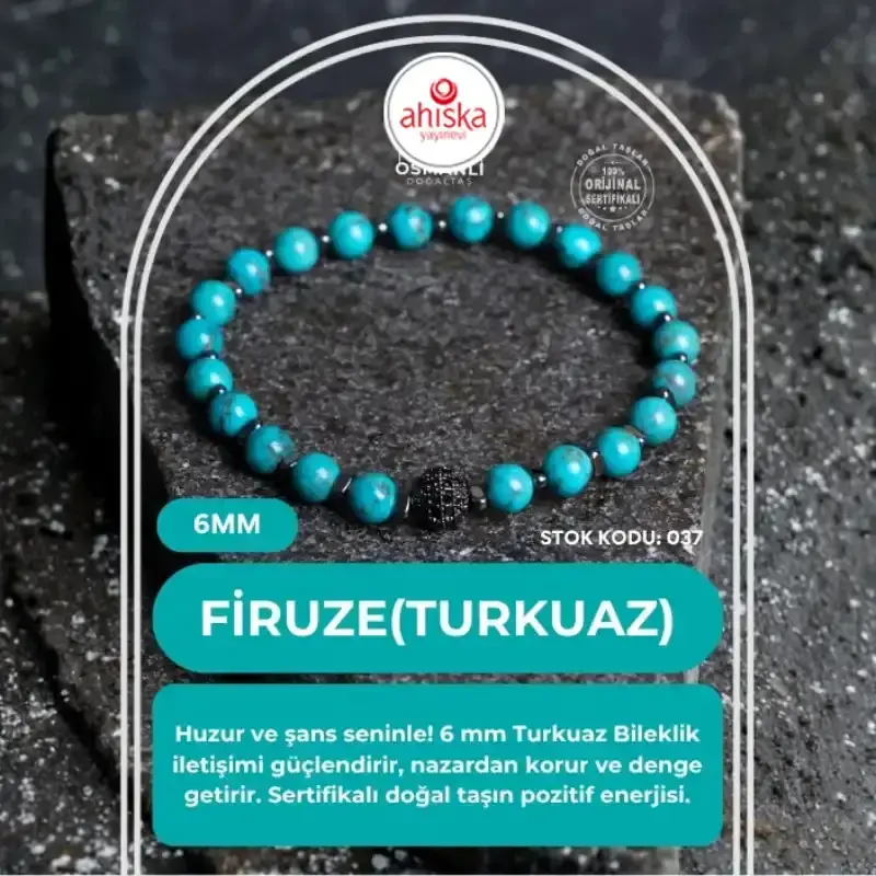 Sertifikalı Firuze (Turkuaz)Doğal Taş bileklik 6MM 037 - 2