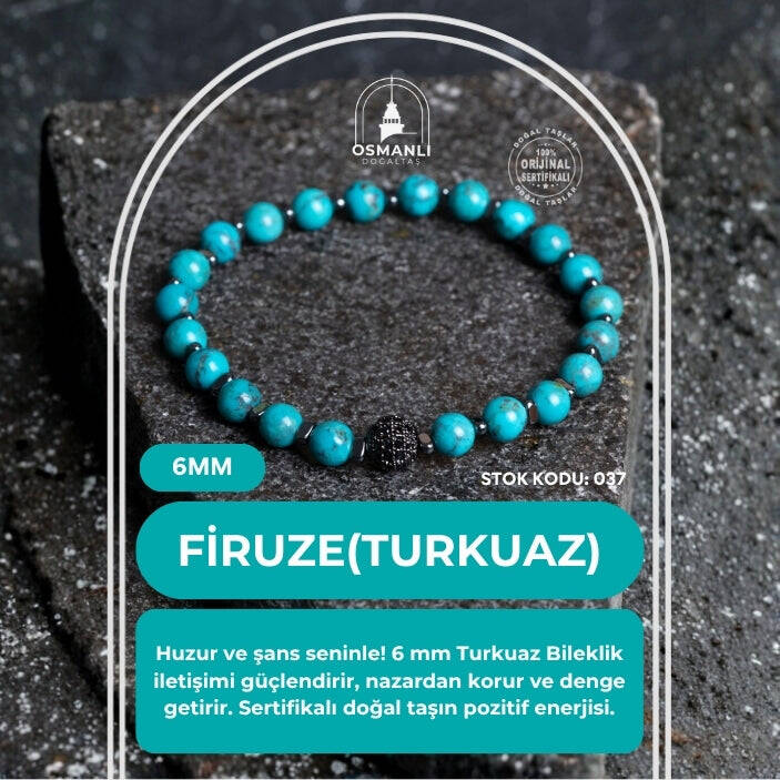 Sertifikalı Firuze (Turkuaz)Doğal Taş bileklik 6MM 037 - 2