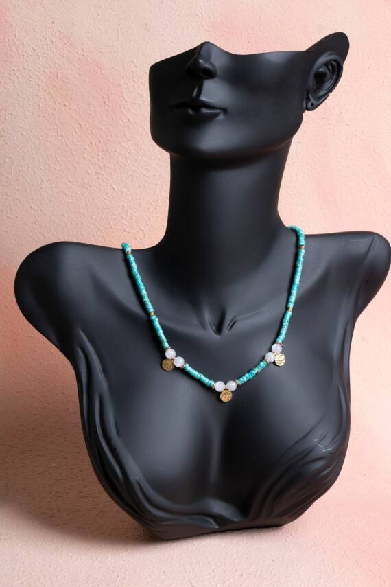 Sertifikalı Firuze(Turkuaz) , Ay Taşı Gümüş Aparatlı Doğal Taş Kolye (SK:034) - 4