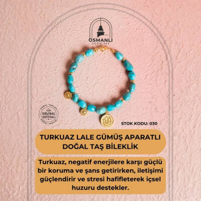 Sertifikalı Firuze(Turkuaz) Lale Gümüş Aparatlı Doğal Taş Bileklik (SK:030) - 2