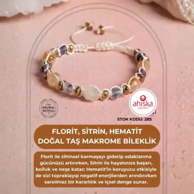 Sertifikalı Florit, Sitrin, Hematit Doğal Taş Makrome Bileklik (SK285) - Doğal Taş (1)