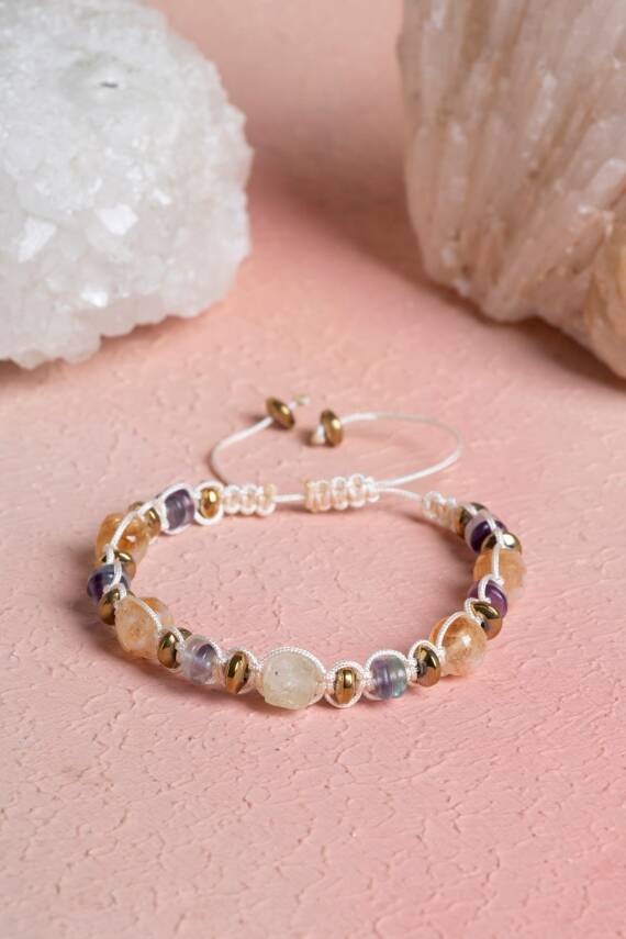 Sertifikalı Florit, Sitrin, Hematit Doğal Taş Makrome Bileklik (SK:285) - 1